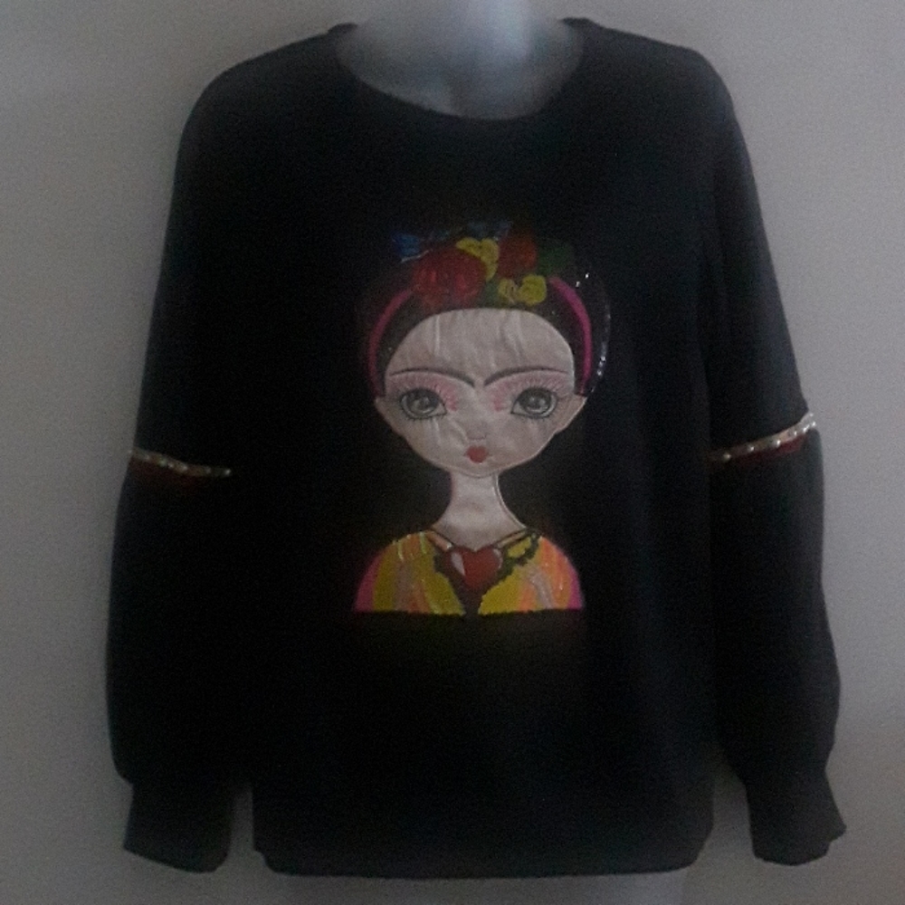 Dark grey Frida kahlo Embroidery sweatshirt